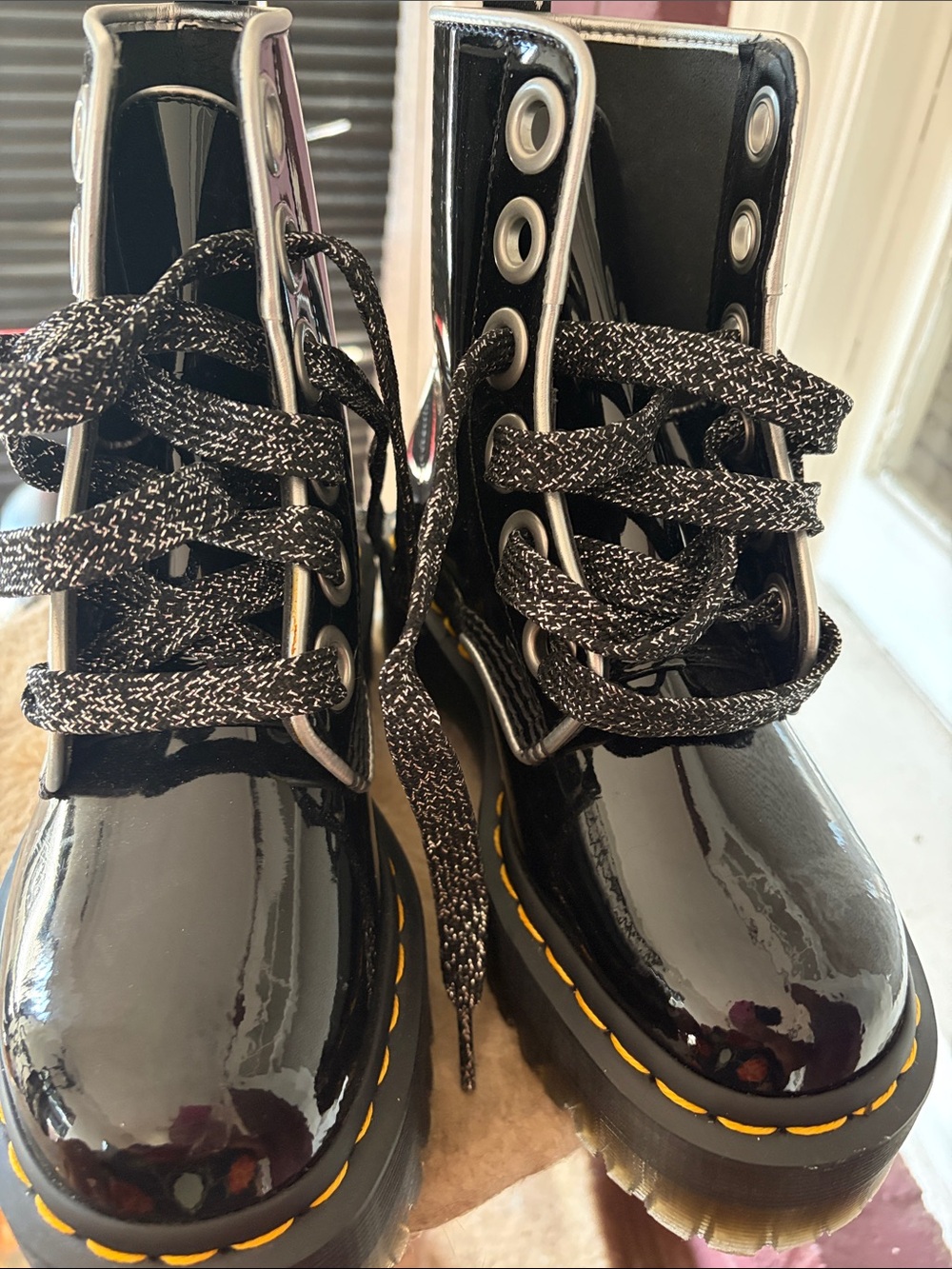 Dr. Martens Black Patent Lace-Up Platform Boots with Yellow Stitching